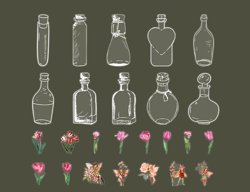 40 Pcs Wish-Bottle & Flower Stickers