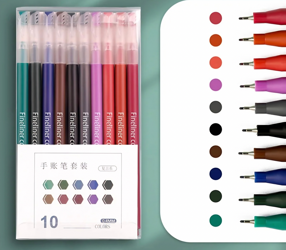Pack of 10 Fine Liner Coloured Ink Pens