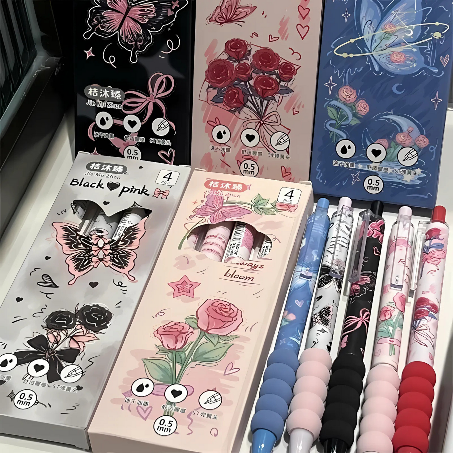 Set of 4 Flowers & Butterfly Pens