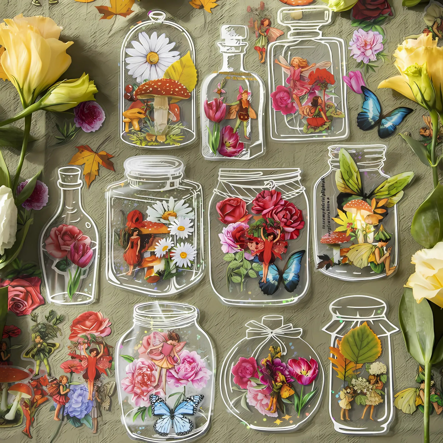 40 Pcs Wish-Bottle & Flower Stickers